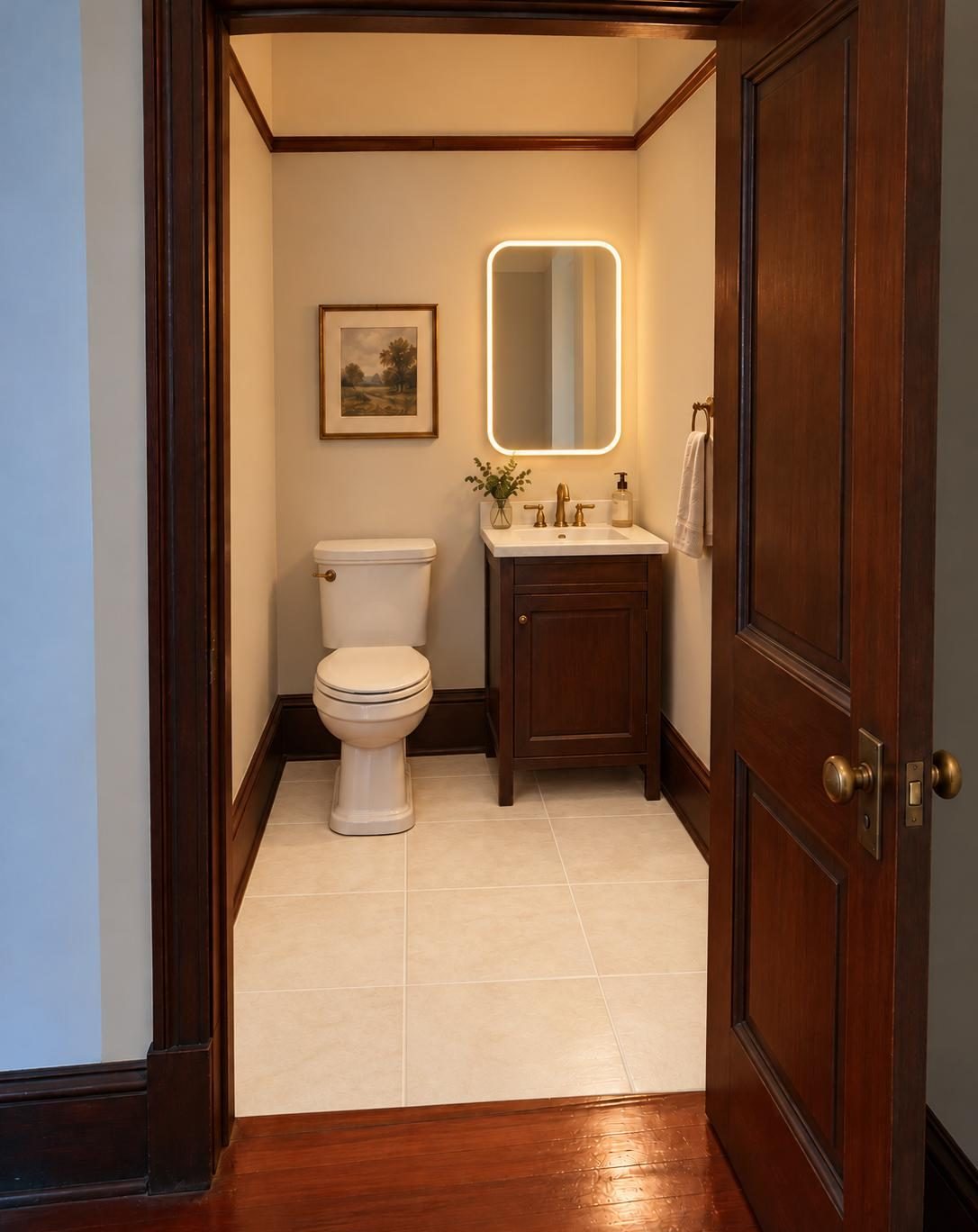 Concept: the same alcove as a half bath, with cream tile, a dark wood vanity, brass fixtures, a lit mirror and a paneled door.