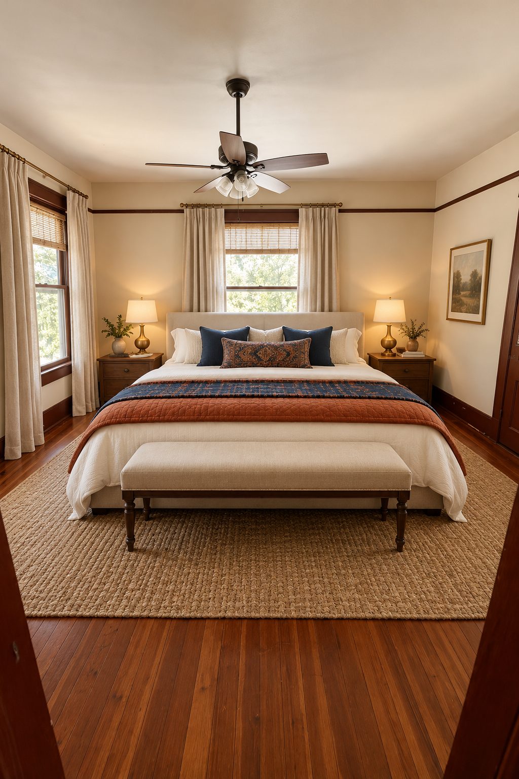 Concept rendering of the upstairs primary bedroom: a king bed with a cream upholstered headboard, white bedding with a rust quilt and navy runner, brass lamps on wood nightstands, a bench at the foot, a jute rug and linen curtains on three windows.