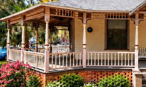 The wraparound porch with white railings and turned posts.